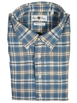 ALAN PAINE COTTON/LINEN SPORT SHIRT - BLUE/TAN PLAID