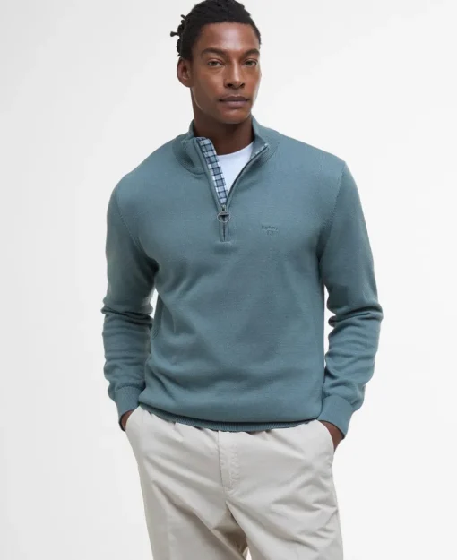 BARBOUR COTTON HALF ZIP KNITTED SWEATER - VINTAGE TEAL