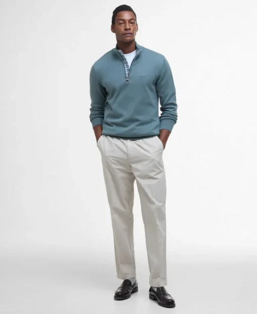 BARBOUR COTTON HALF ZIP KNITTED SWEATER - VINTAGE TEAL