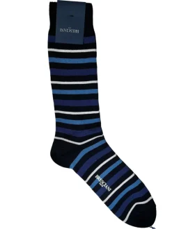 BRESCIANI 1970 WIDE STRIPES CALF SOCK - NAVY/LIGHT BLUE