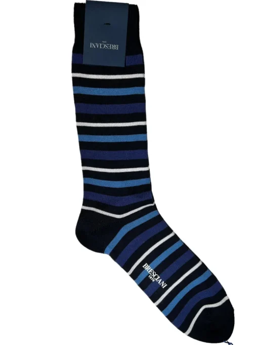 BRESCIANI 1970 WIDE STRIPES CALF SOCK - NAVY/LIGHT BLUE