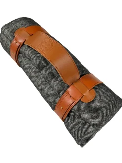 BUTTON DOWN ALPACA HERRINGBONE THROW WITH LEATHER CARRIER - BLACK & WHITE