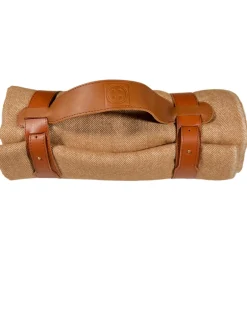 BUTTON DOWN ALPACA HERRINGBONE THROW WITH LEATHER CARRIER - CAMEL & WHITE