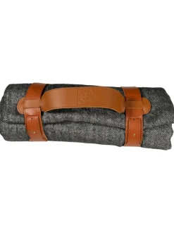 BUTTON DOWN ALPACA HERRINGBONE THROW WITH LEATHER CARRIER - BLACK & WHITE