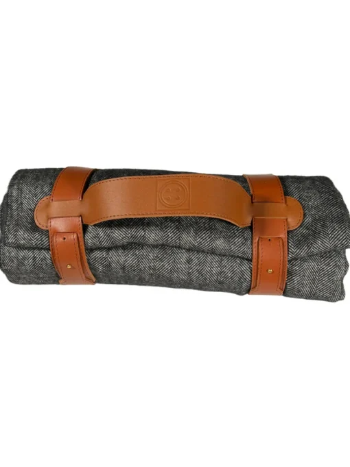 BUTTON DOWN ALPACA HERRINGBONE THROW WITH LEATHER CARRIER - BLACK & WHITE
