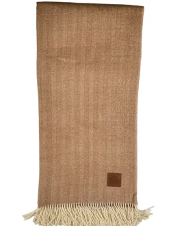 BUTTON DOWN ALPACA HERRINGBONE THROW WITH LEATHER CARRIER - CAMEL & WHITE