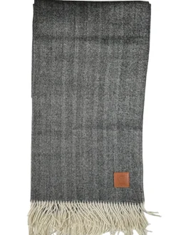 BUTTON DOWN ALPACA HERRINGBONE THROW WITH LEATHER CARRIER - BLACK & WHITE