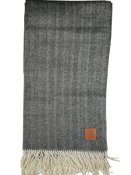 BUTTON DOWN ALPACA HERRINGBONE THROW WITH LEATHER CARRIER - BLACK & WHITE