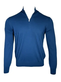 BUTTON DOWN COTTON 1/4 ZIP SWEATER - MARINE BLUE