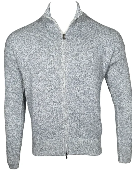 BUTTON DOWN COTTON FULL ZIP SWEATER - BLUE