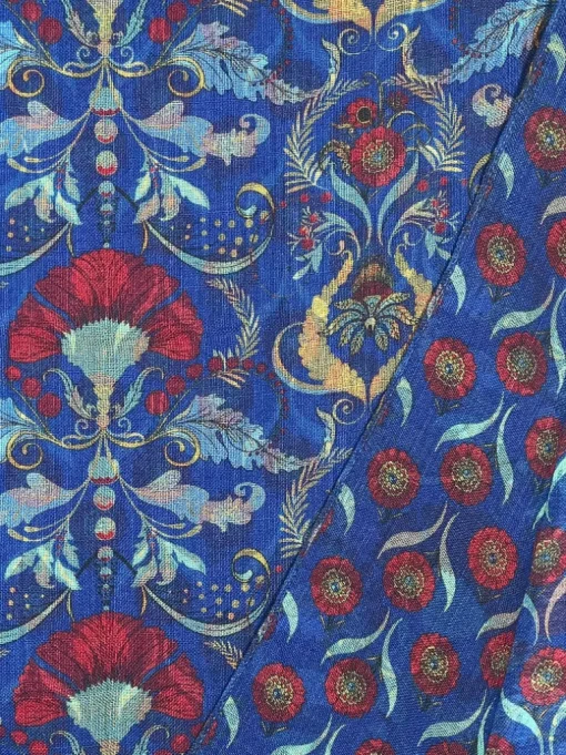 CALABRESE 1924 DOUBLE SIDED WOOL SCARF - BLUE FLORAL ACANTHUS