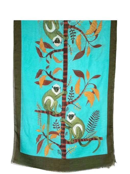 CALABRESE 1924 LINEN & SILK SCARF - AQUA SPIDER MONKEYS