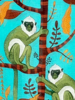 CALABRESE 1924 LINEN & SILK SCARF - AQUA SPIDER MONKEYS