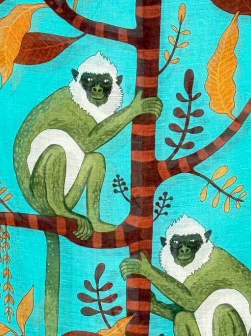 CALABRESE 1924 LINEN & SILK SCARF - AQUA SPIDER MONKEYS