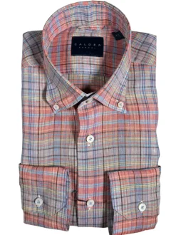 CALDER CARMEL MEN'S LINEN SHIRT - PAPAYA MADRAS PLAID