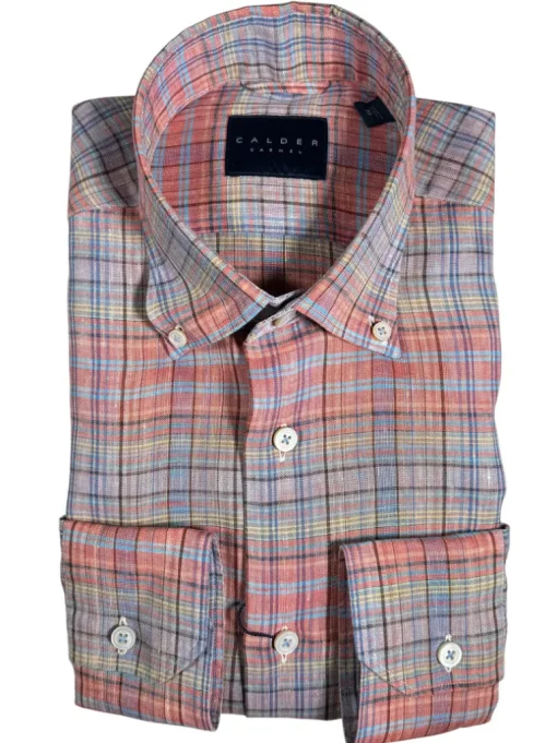CALDER CARMEL MEN'S LINEN SHIRT - PAPAYA MADRAS PLAID