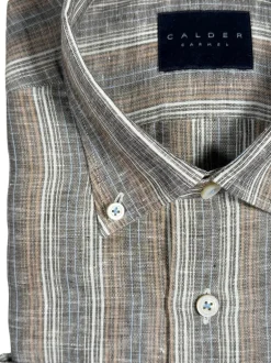 CALDER CARMEL MEN'S LINEN SHIRT - COCOA STRIPE