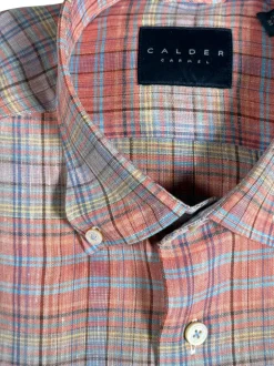 CALDER CARMEL MEN'S LINEN SHIRT - PAPAYA MADRAS PLAID