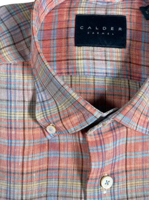 CALDER CARMEL MEN'S LINEN SHIRT - PAPAYA MADRAS PLAID