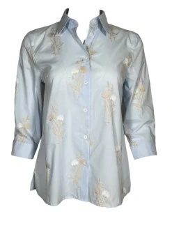 CAMICETTASNOB EMBROIDERED FLORAL BLOUSE - LIGHT BLUE & TAN