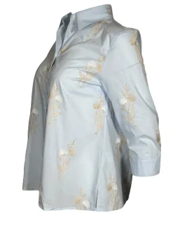CAMICETTASNOB EMBROIDERED FLORAL BLOUSE - LIGHT BLUE & TAN
