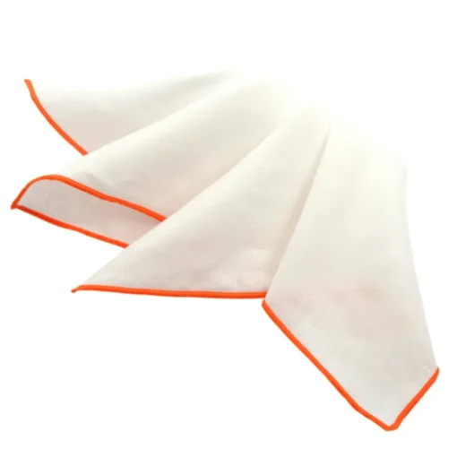 DION LINEN POCKET SQUARE - WHITE WITH ORANGE TRIM