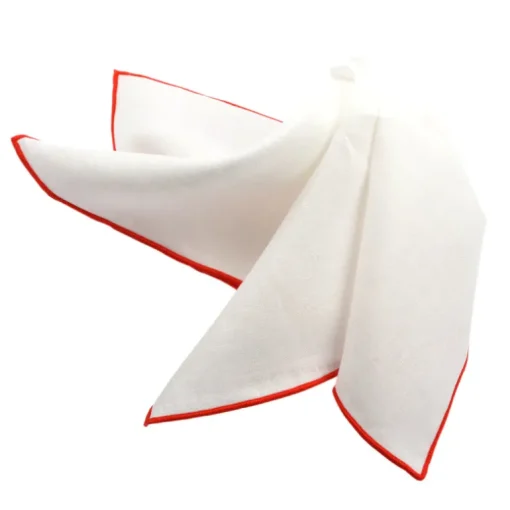 DION LINEN POCKET SQUARE - WHITE WITH RED TRIM