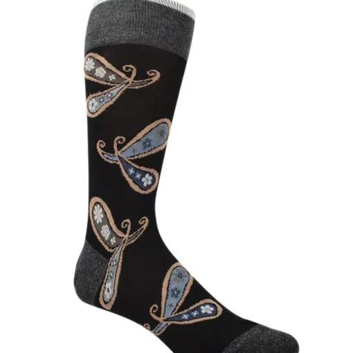 DION MID-CALF MEN'S SOCK - PAISLEY FLORAL - BLACK
