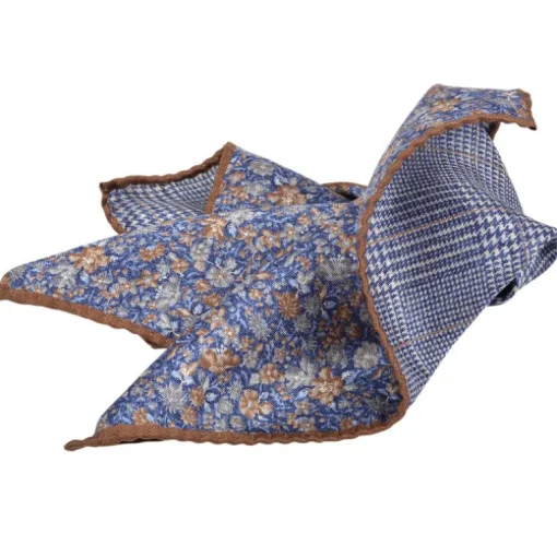 DION SILK DOUBLE-SIDED POCKET SQUARE - NAVY FLORAL GLENCHECK