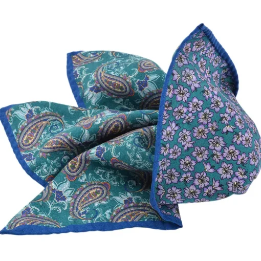 DION SILK DOUBLE-SIDED POCKET SQUARE - PETROL PAISLEY FLORAL