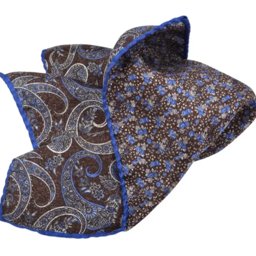 DION SILK DOUBLE-SIDED POCKET SQUARE - CHOCOLATE PAISLEY MICRO FLORAL