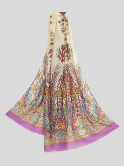 ETRO CASHMERE/WOOL/SILK SCARF - WHITE LEAF MOTIF