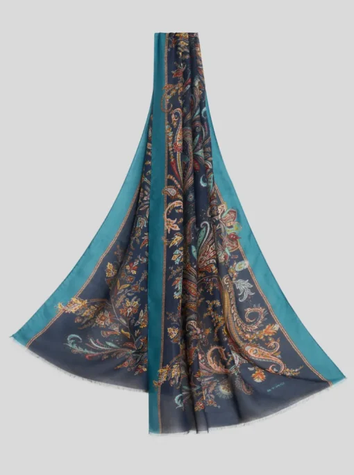 ETRO VISCOSE & CASHMERE SCARF - TEAL & NAVY PAISLEY