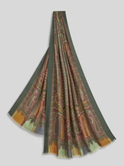 ETRO WOOL & SILK SCARF - GREEN / BORDEAUX