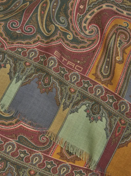 ETRO WOOL & SILK SCARF - GREEN / BORDEAUX