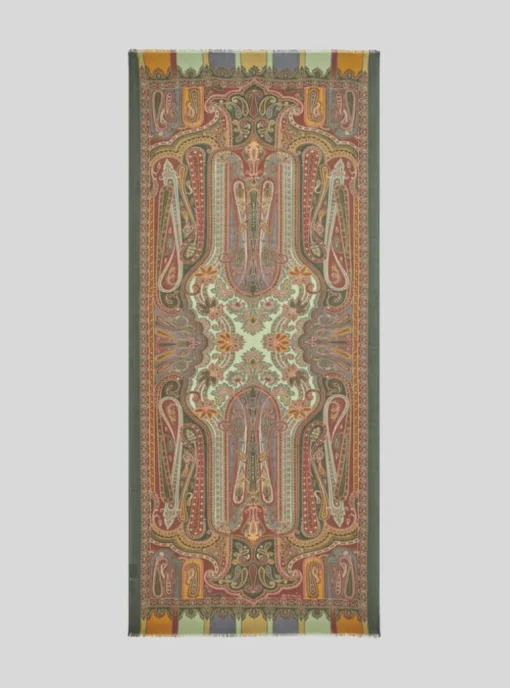 ETRO WOOL & SILK SCARF - GREEN / BORDEAUX