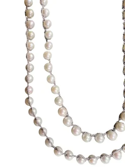 FEATHERED SOUL NECKLACE - WHITE FRESHWATER PEARL ON GREY SILK