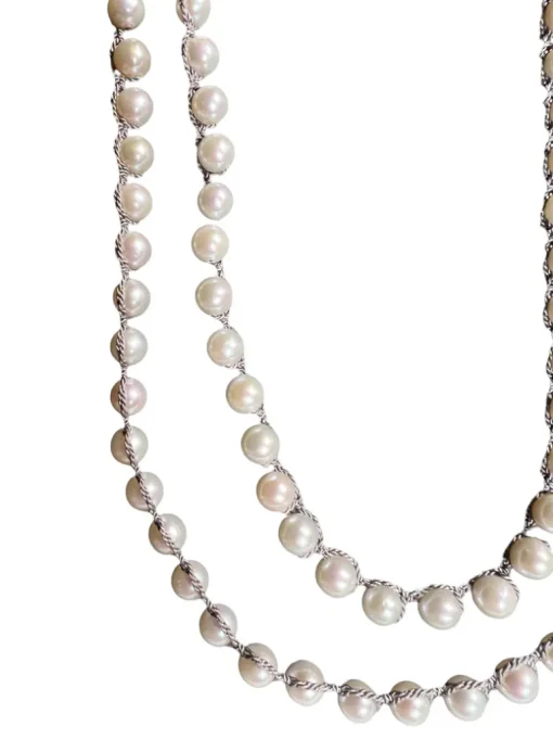 FEATHERED SOUL NECKLACE - WHITE FRESHWATER PEARL ON GREY SILK