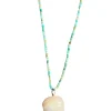 FEATHERED SOUL NECKLACE - TINY TURQUOISE AND GOLD BEADS WITH PEARL DROP