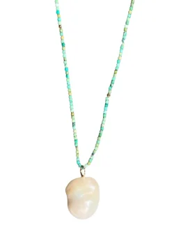 FEATHERED SOUL NECKLACE - TINY TURQUOISE AND GOLD BEADS WITH PEARL DROP