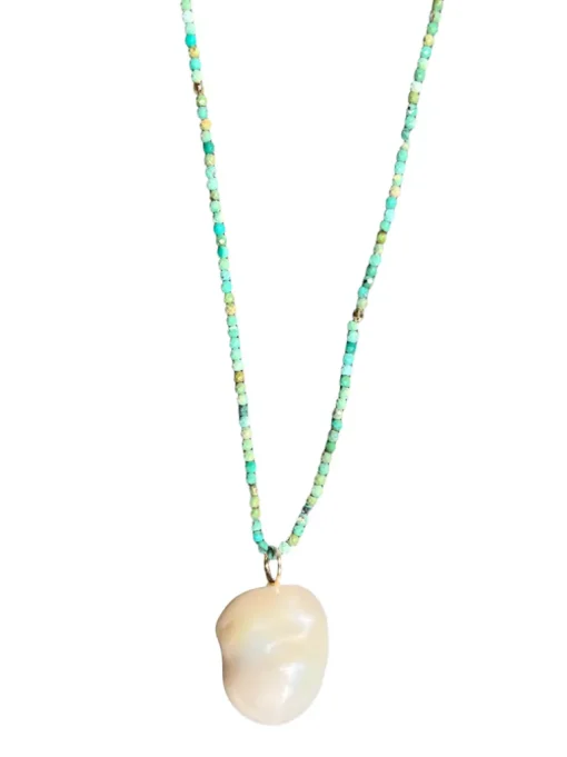 FEATHERED SOUL NECKLACE - TINY TURQUOISE AND GOLD BEADS WITH PEARL DROP