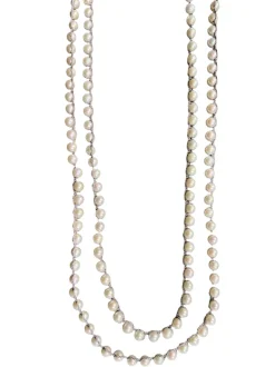 FEATHERED SOUL NECKLACE - WHITE FRESHWATER PEARL ON GREY SILK