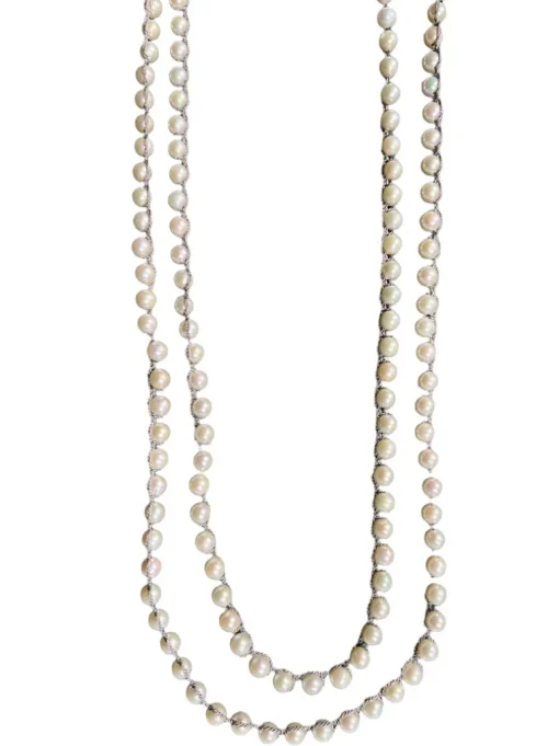 FEATHERED SOUL NECKLACE - WHITE FRESHWATER PEARL ON GREY SILK