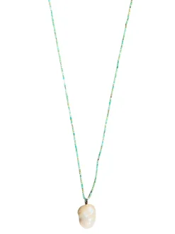 FEATHERED SOUL NECKLACE - TINY TURQUOISE AND GOLD BEADS WITH PEARL DROP