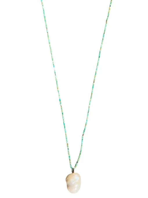 FEATHERED SOUL NECKLACE - TINY TURQUOISE AND GOLD BEADS WITH PEARL DROP