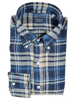 FINAMORE 1925 INDIGO LINEN SHIRT - NAVY/TAN PLAID