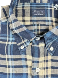FINAMORE 1925 INDIGO LINEN SHIRT - NAVY/TAN PLAID