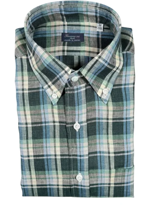 FINAMORE 1925 SPORT LINEN SHIRT - GREEN/TAN PLAID