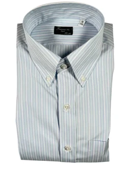 FINAMORE 1925 TRAVELLER POPLIN SHIRT - LIGHT BLUE/TURQUOISE STRIPE