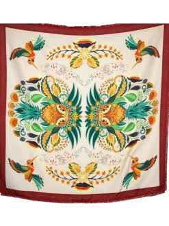 FRANCO FERRARI DOUBLE SIDED SQUARE SILK SCARF - WHITE HUMMINGBIRDS
